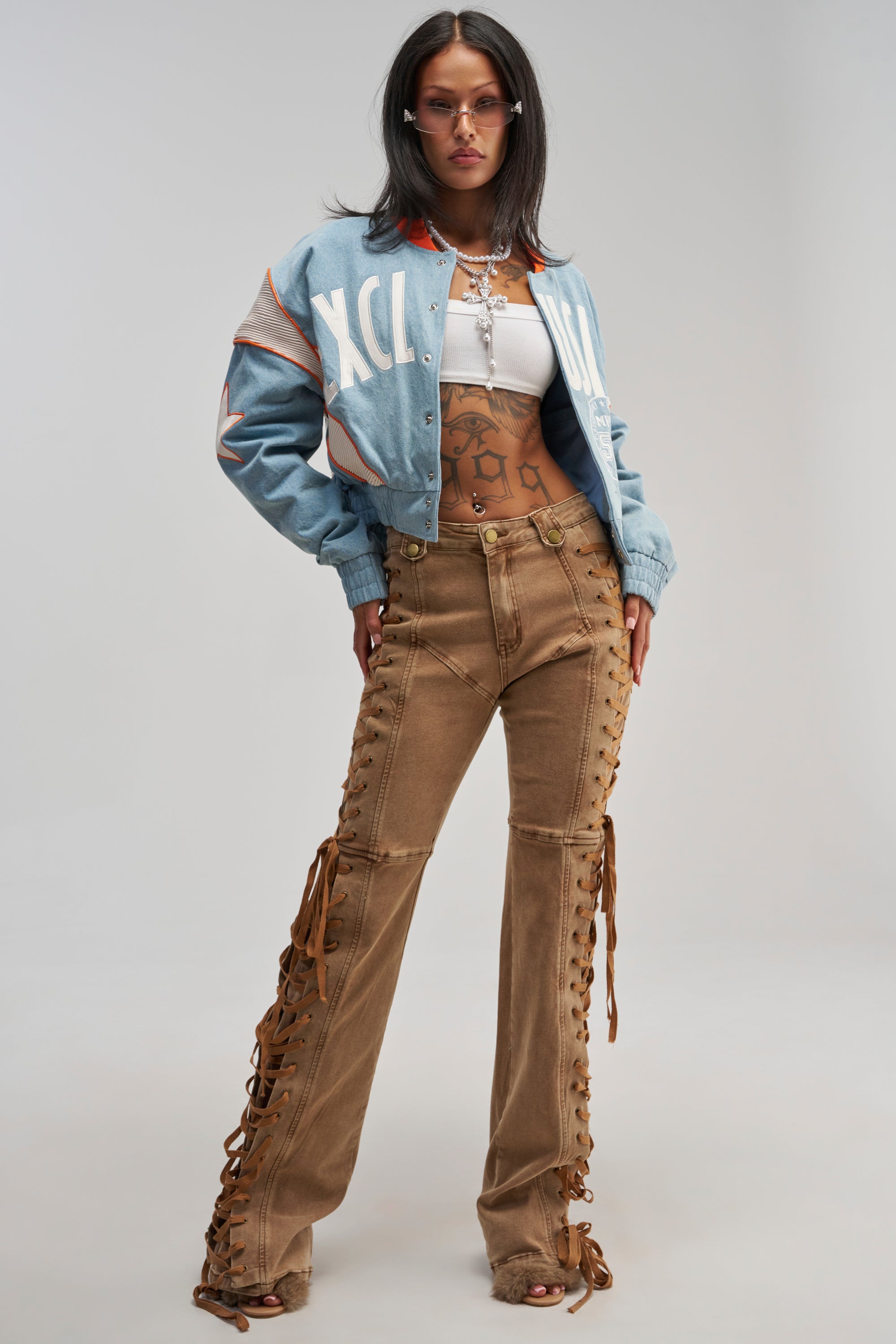 INVITE ONLY DENIM VARSITY BOMBER