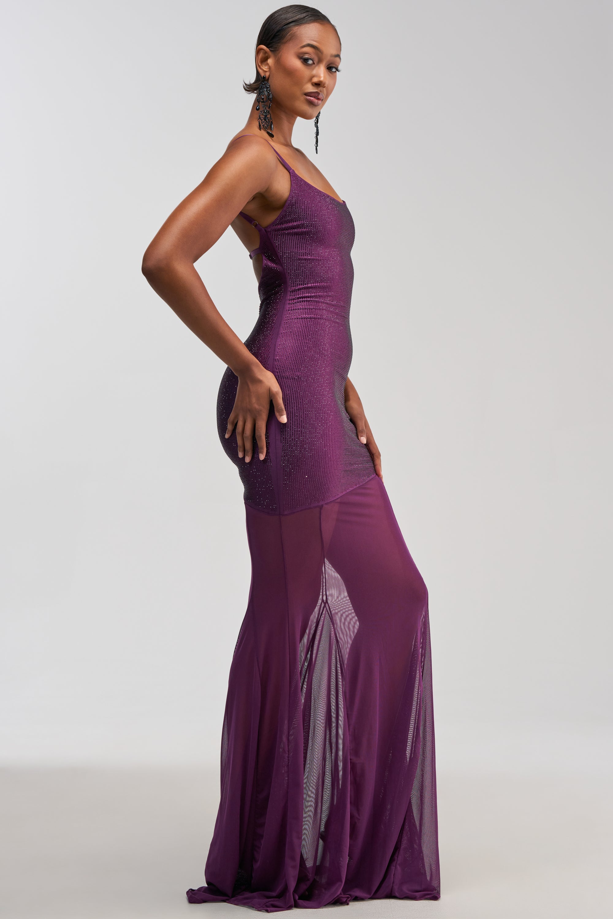 SHOW A LITTLE LEG RHINESTONE MAXI DRESS IN PLUM