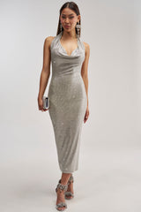 POPPIN' BOTTLES RHINESTONE MAXI DRESS IN SILVER