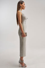 POPPIN' BOTTLES RHINESTONE MAXI DRESS IN SILVER