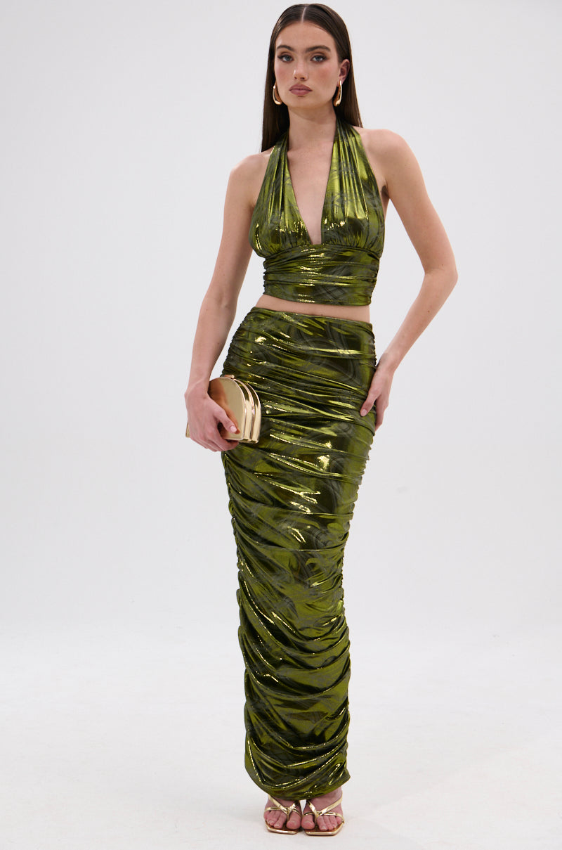 TAYLOR METALLIC HALTER TOP IN GREEN