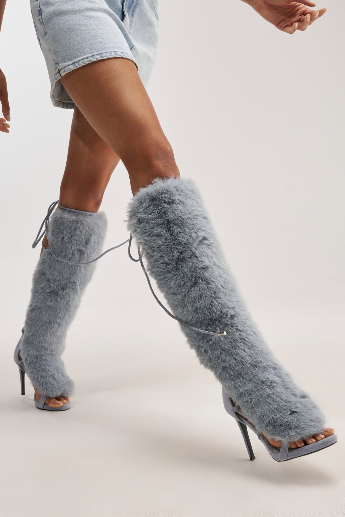 AZALEA WANG STAMOS DUSTY BLUE STILETTO SANDAL WITH FUR