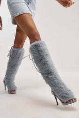 AZALEA WANG STAMOS DUSTY BLUE STILETTO SANDAL WITH FUR