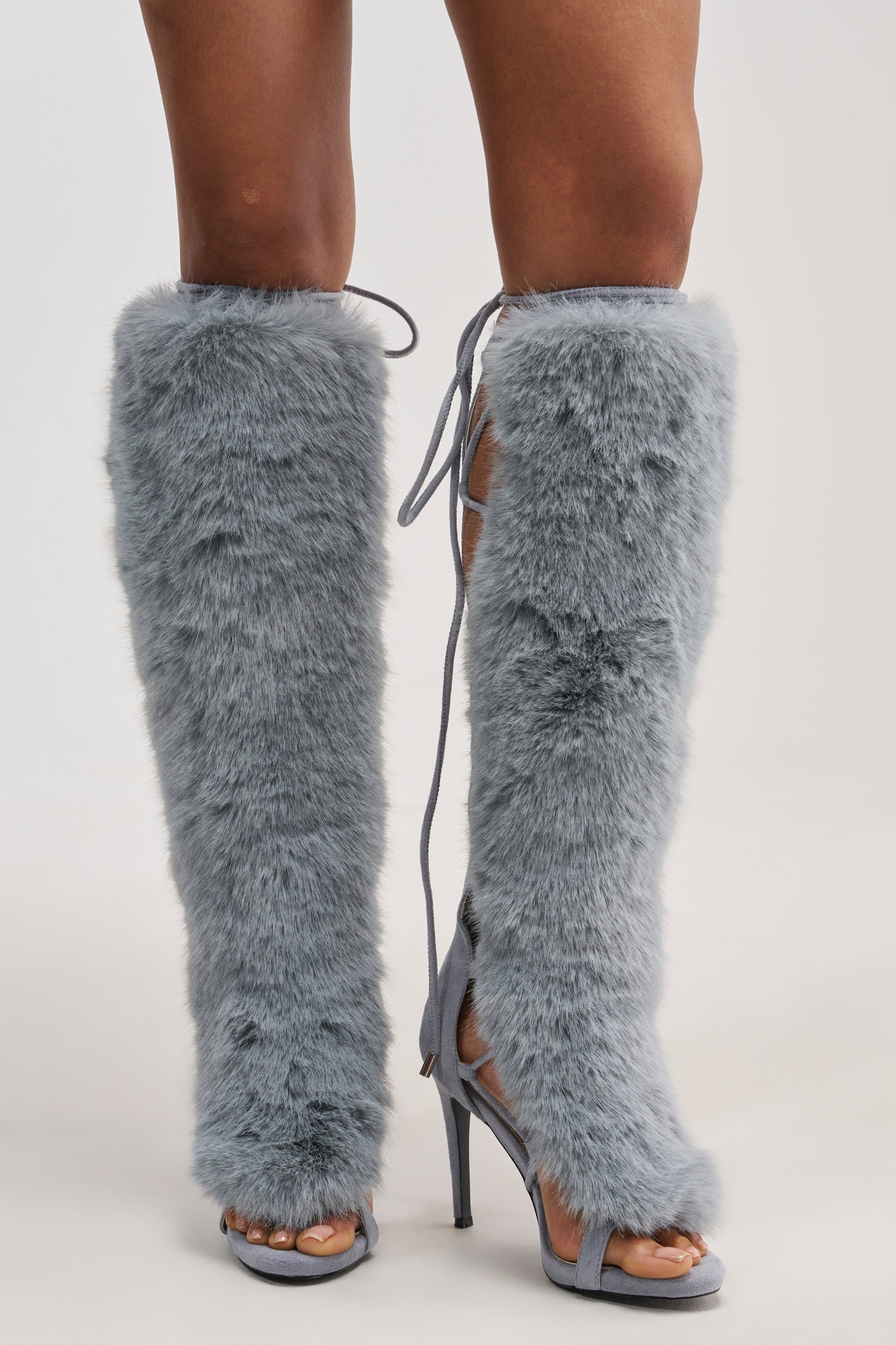 AZALEA WANG STAMOS DUSTY BLUE STILETTO SANDAL WITH FUR