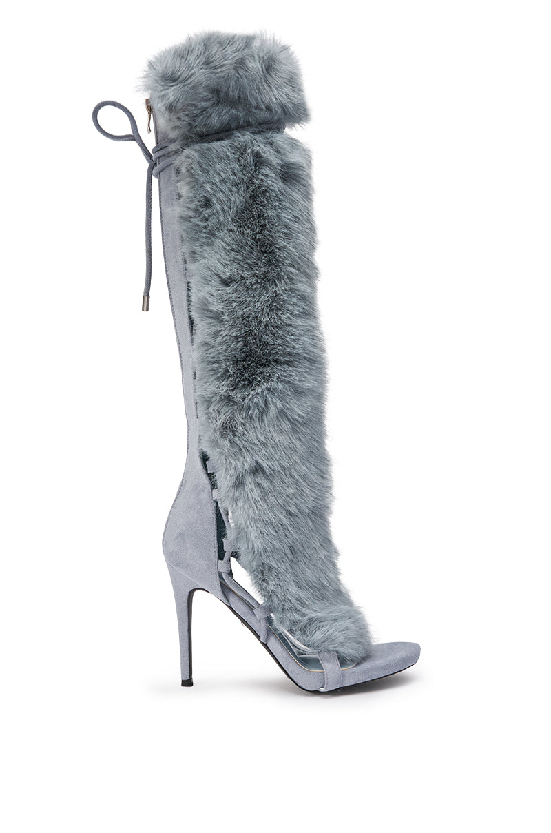 AZALEA WANG STAMOS DUSTY BLUE STILETTO SANDAL WITH FUR