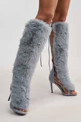 AZALEA WANG STAMOS DUSTY BLUE STILETTO SANDAL WITH FUR