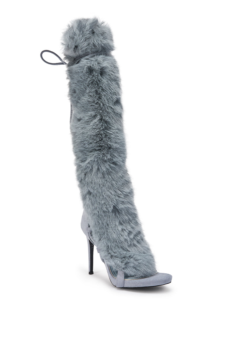 AZALEA WANG STAMOS DUSTY BLUE STILETTO SANDAL WITH FUR