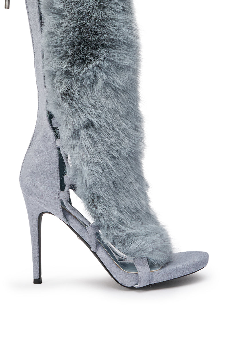 AZALEA WANG STAMOS DUSTY BLUE STILETTO SANDAL WITH FUR