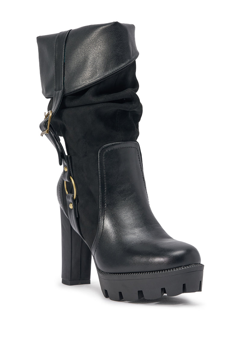 AZALEA WANG STREAMWOOD BLACK FAUX SUEDE BLOCK SLOUCHY BOOTIE