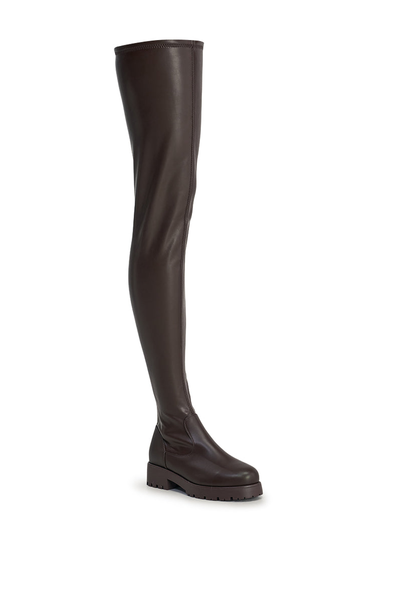 AZALEA WANG SURGICAL NEW THIGH HIGH STRETCH PU FLAT BOOT