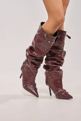 AZALEA WANG TESARA BURGUNDY RUCHED STILETTO BOOT WITH HARDWARE