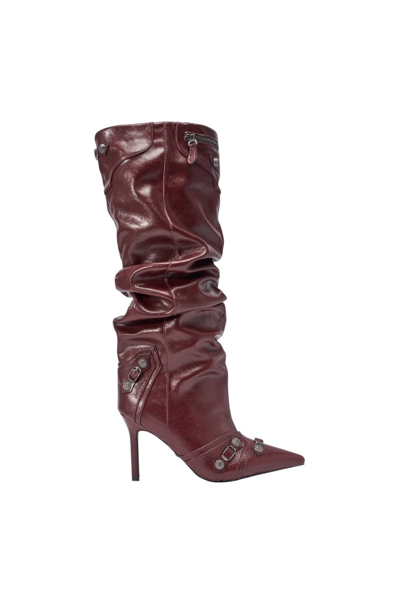 AZALEA WANG TESARA BURGUNDY RUCHED STILETTO BOOT WITH HARDWARE