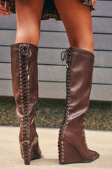 AZALEA WANG THAUMUS BROWN LACE UP WEDGE BOOT