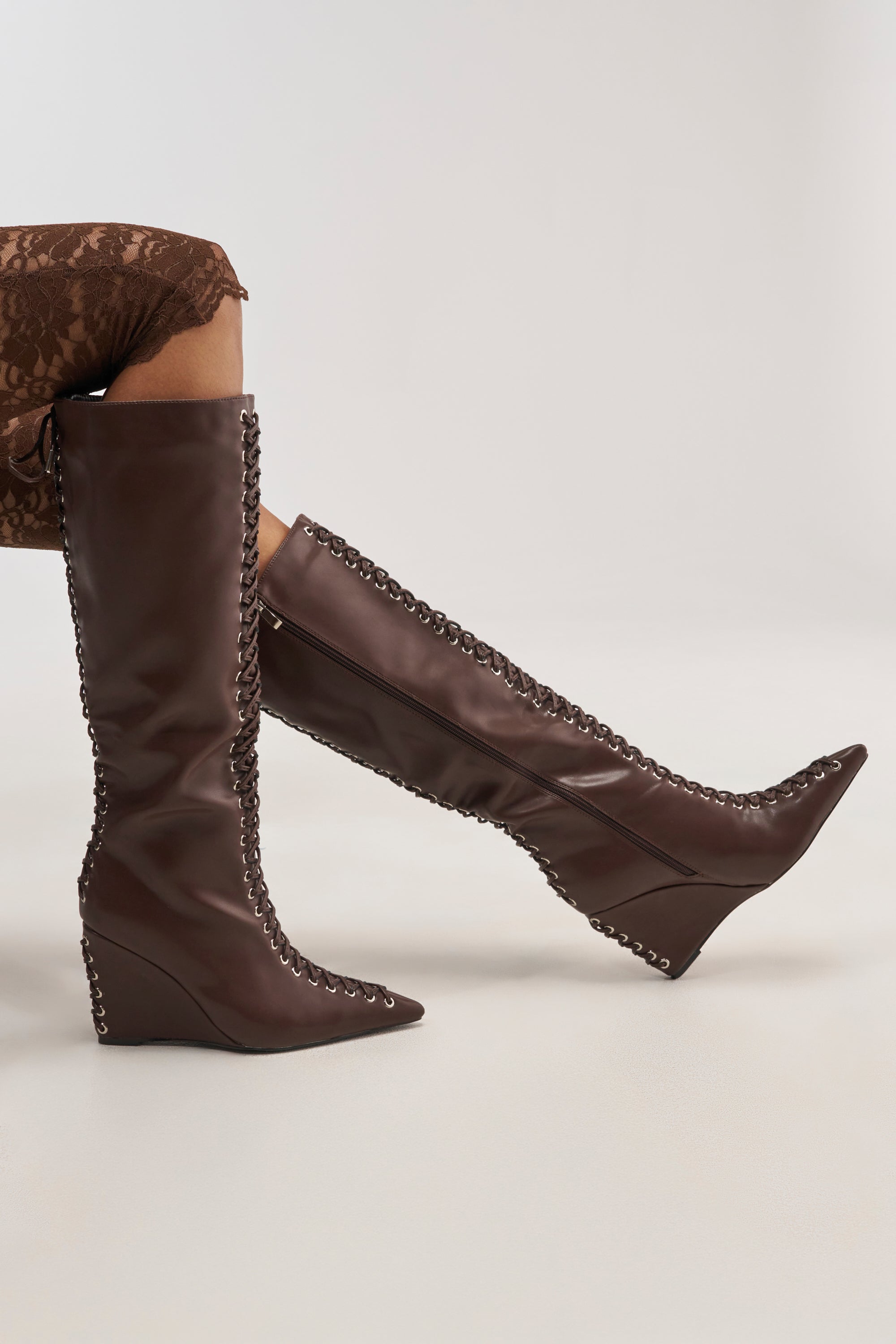 AZALEA WANG THAUMUS BROWN LACE UP WEDGE BOOT
