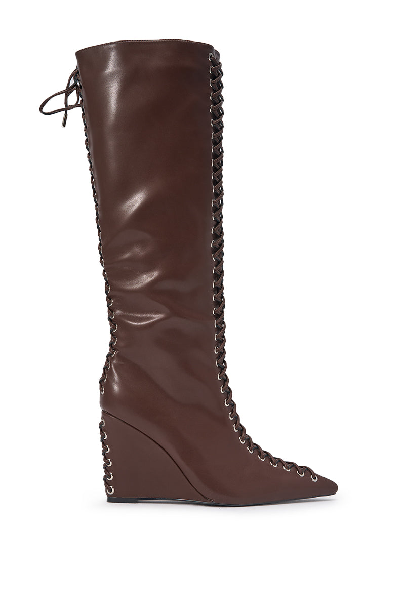AZALEA WANG THAUMUS BROWN LACE UP WEDGE BOOT