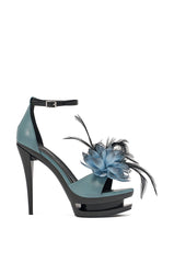 AZALEA WANG VELVETINE BLUE PLATFORM STILETTO FLOWER EMBELLISHED SANDAL