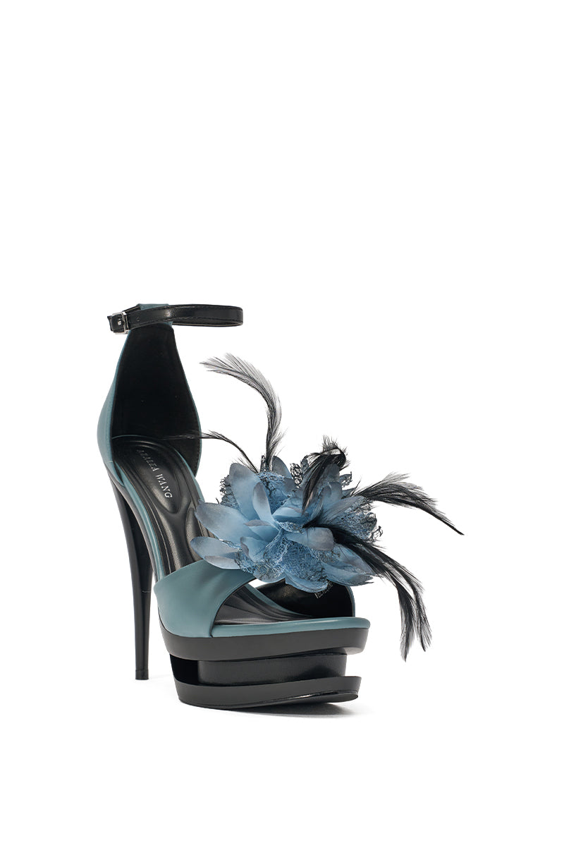 AZALEA WANG VELVETINE BLUE PLATFORM STILETTO FLOWER EMBELLISHED SANDAL