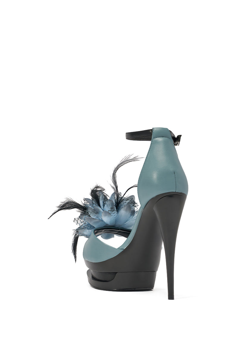 AZALEA WANG VELVETINE BLUE PLATFORM STILETTO FLOWER EMBELLISHED SANDAL