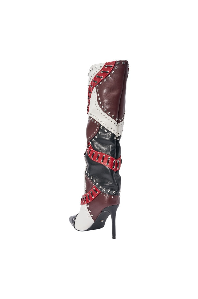AKIRA GOLD VESSAE PATCHWORK STILETTO BOOT