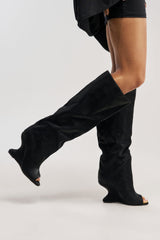 AZALEA WANG VINCENT BLACK SNAKE OPEN TOE WEDGE BOOT