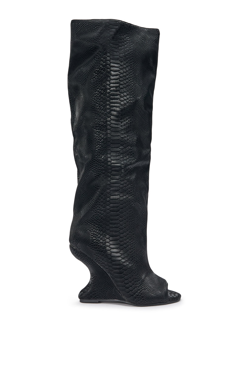 AZALEA WANG VINCENT BLACK SNAKE OPEN TOE WEDGE BOOT
