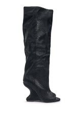 AZALEA WANG VINCENT BLACK SNAKE OPEN TOE WEDGE BOOT