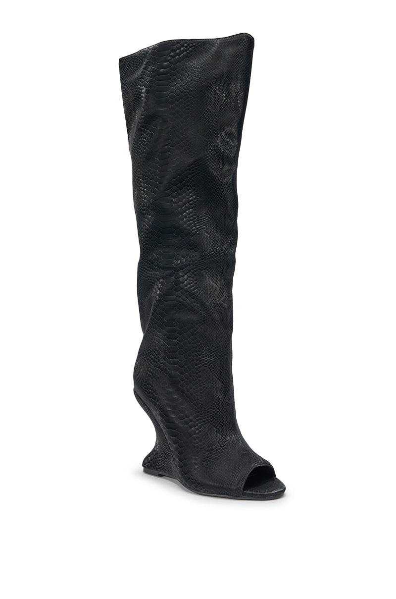 AZALEA WANG VINCENT BLACK SNAKE OPEN TOE WEDGE BOOT