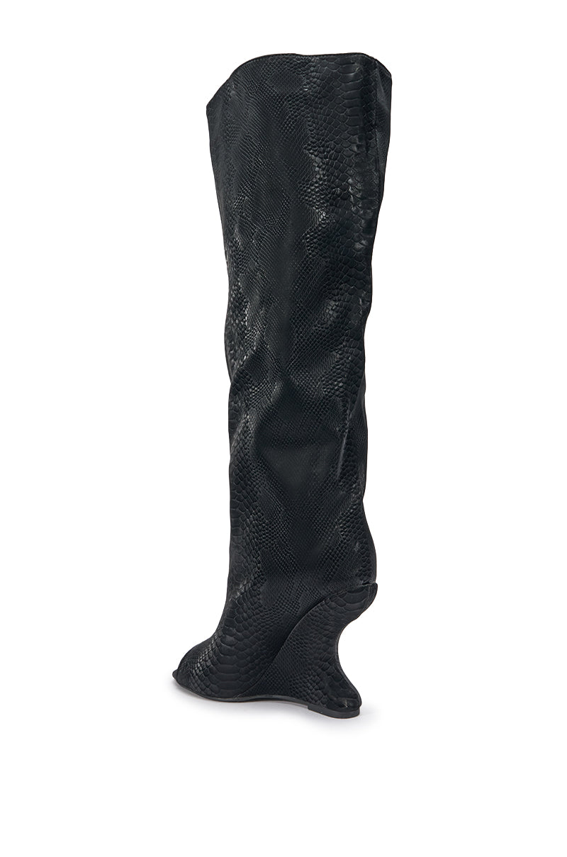AZALEA WANG VINCENT BLACK SNAKE OPEN TOE WEDGE BOOT