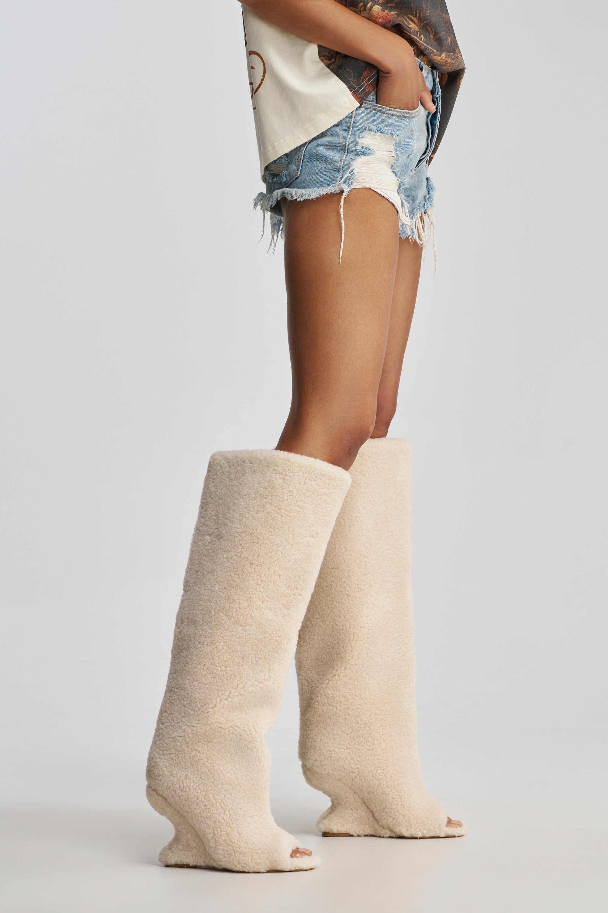 AKIRA GOLD VINCENT SHERPA IVORY OPEN TOE WEDGE BOOT