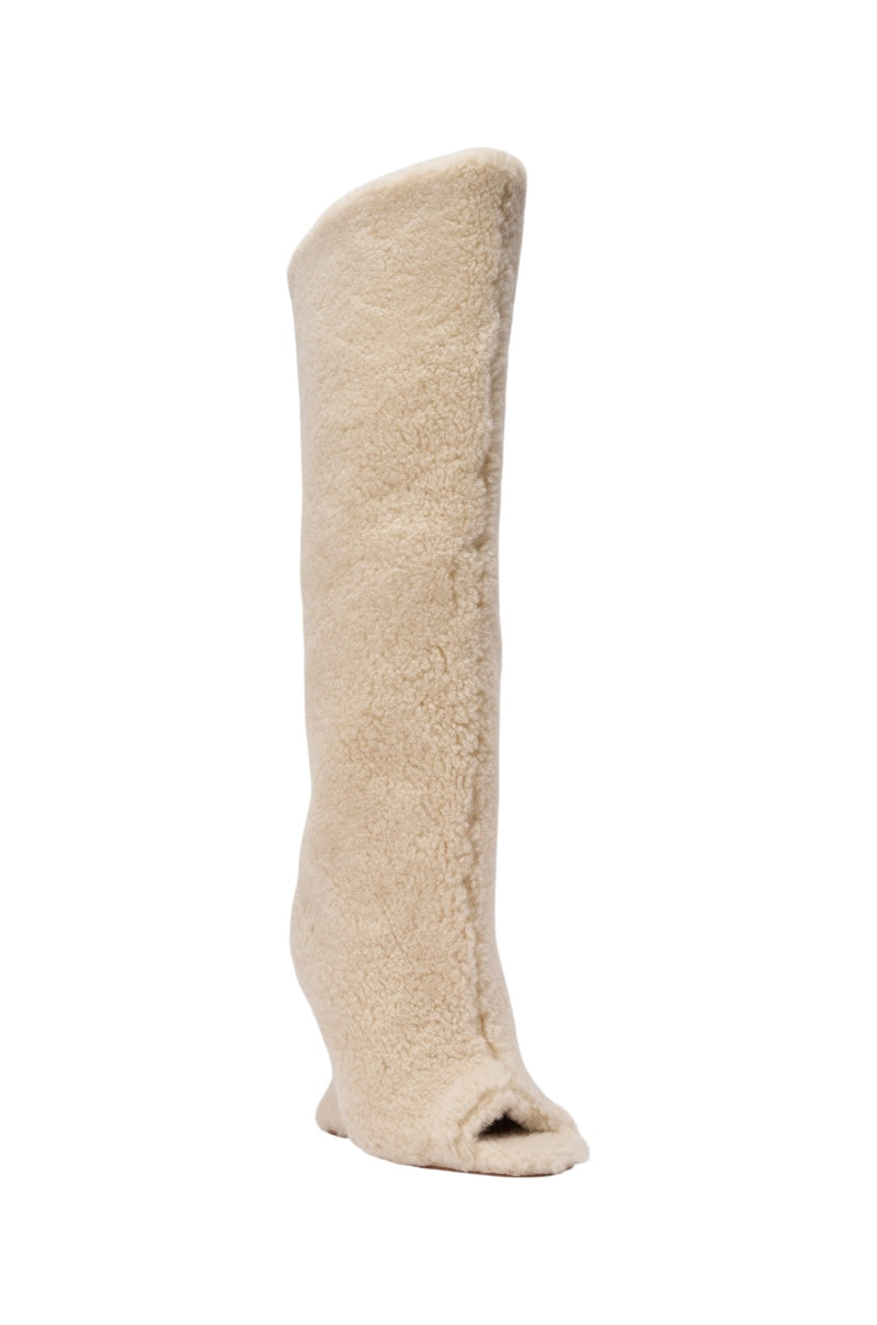 AKIRA GOLD VINCENT SHERPA IVORY OPEN TOE WEDGE BOOT