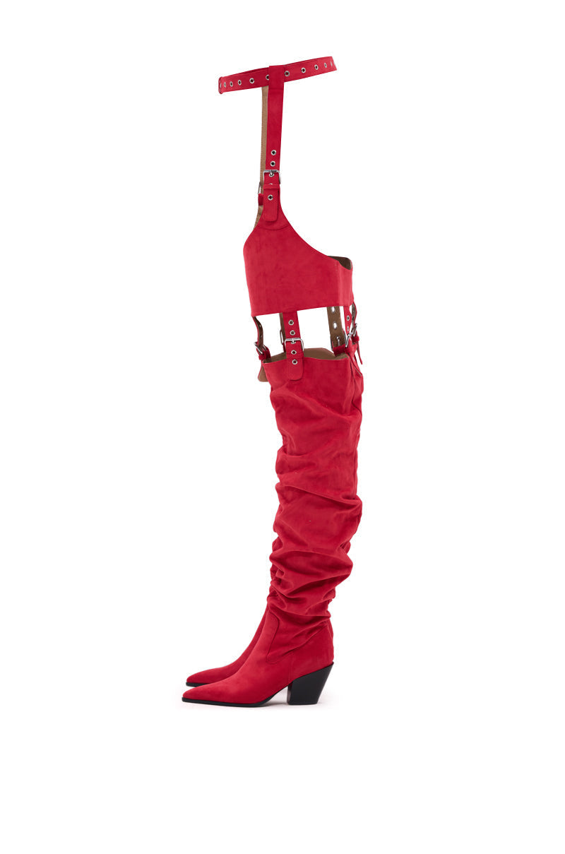 AZALEA WANG XOMARIA RED FAUX SUEDE WESTERN CHAP BOOT