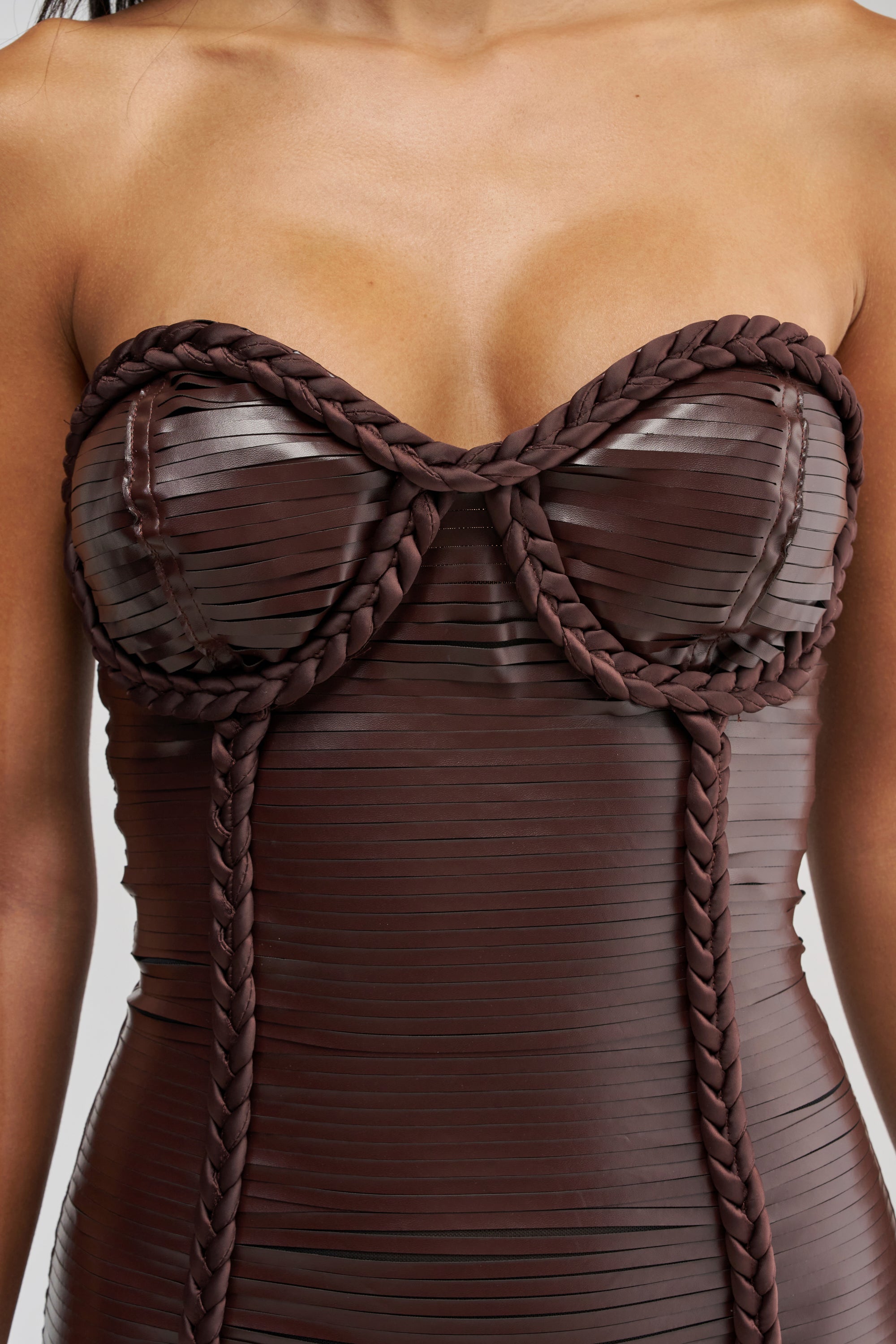 NOT SO SLICK TEXTURED PU MINI DRESS IN CHOCOLATE
