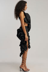 DRAMA QUEEN FLOCKED MINI DRESS IN BLACK