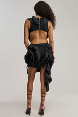 DRAMA QUEEN FLOCKED MINI DRESS IN BLACK