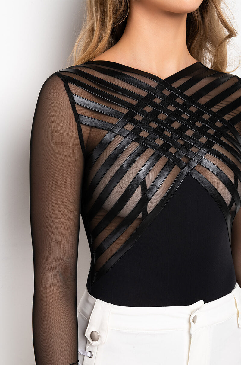 AFTER DARK FAUX LEATHER PANEL LONG SLEEVE MESH BODYSUIT