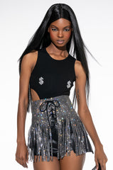 ALL I SEE IS SIGNS CUTOUT EMBELLISHED CREW NECK BODYSUIT