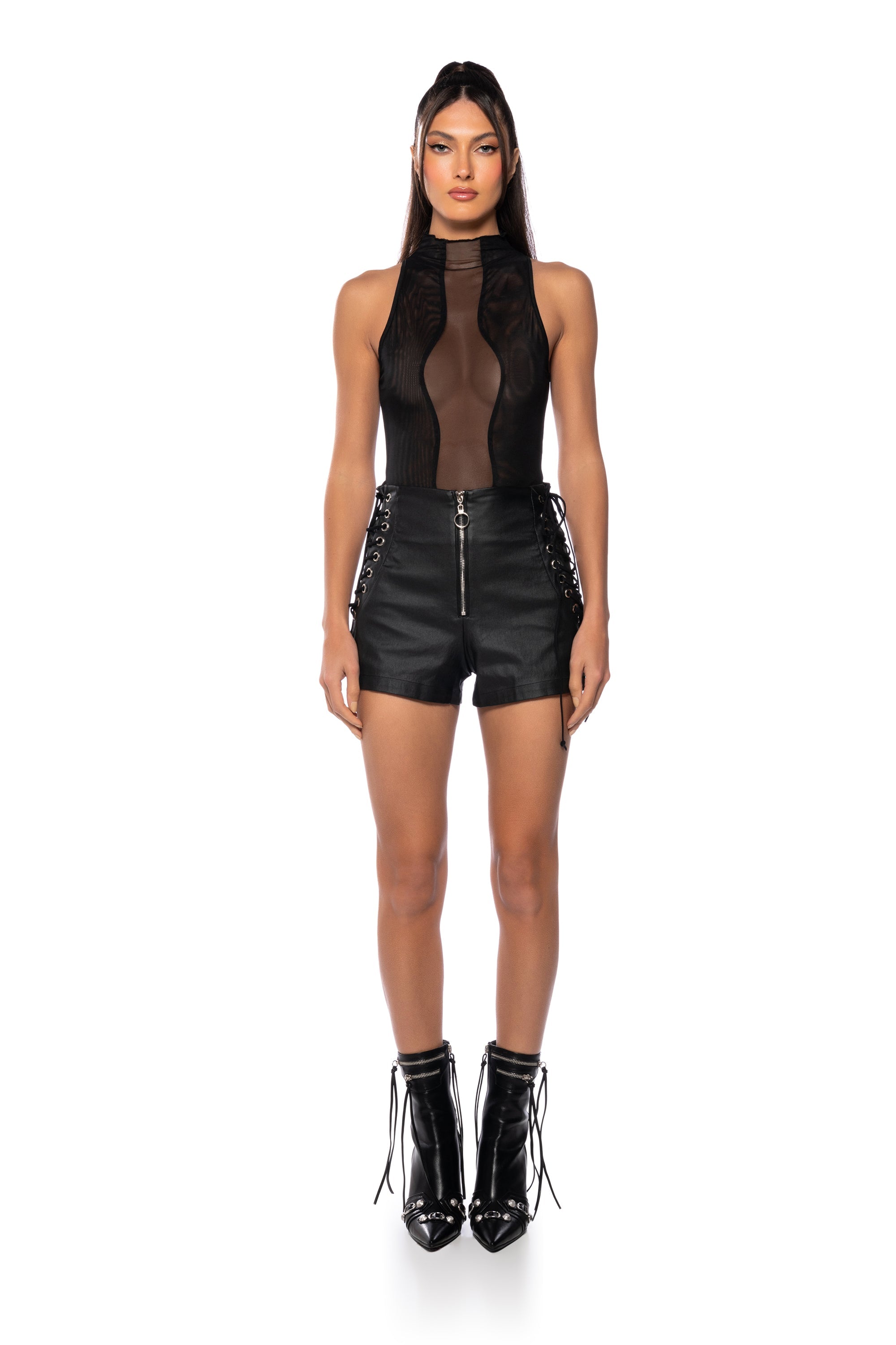 AMMO X AKIRA LET'S STAY TOGETHER LEATHER LACE UP SHORTS