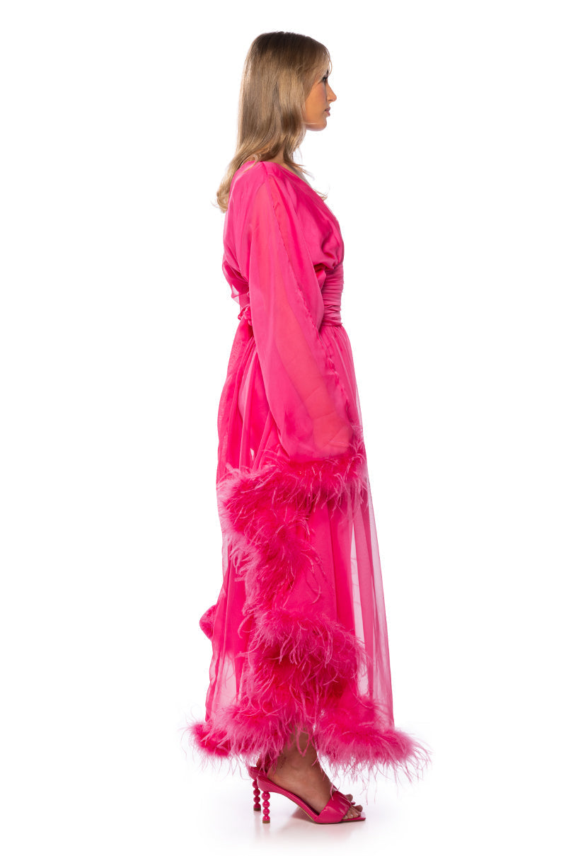 CLEMENTINE FEATHER TRIM MAXI DRESS