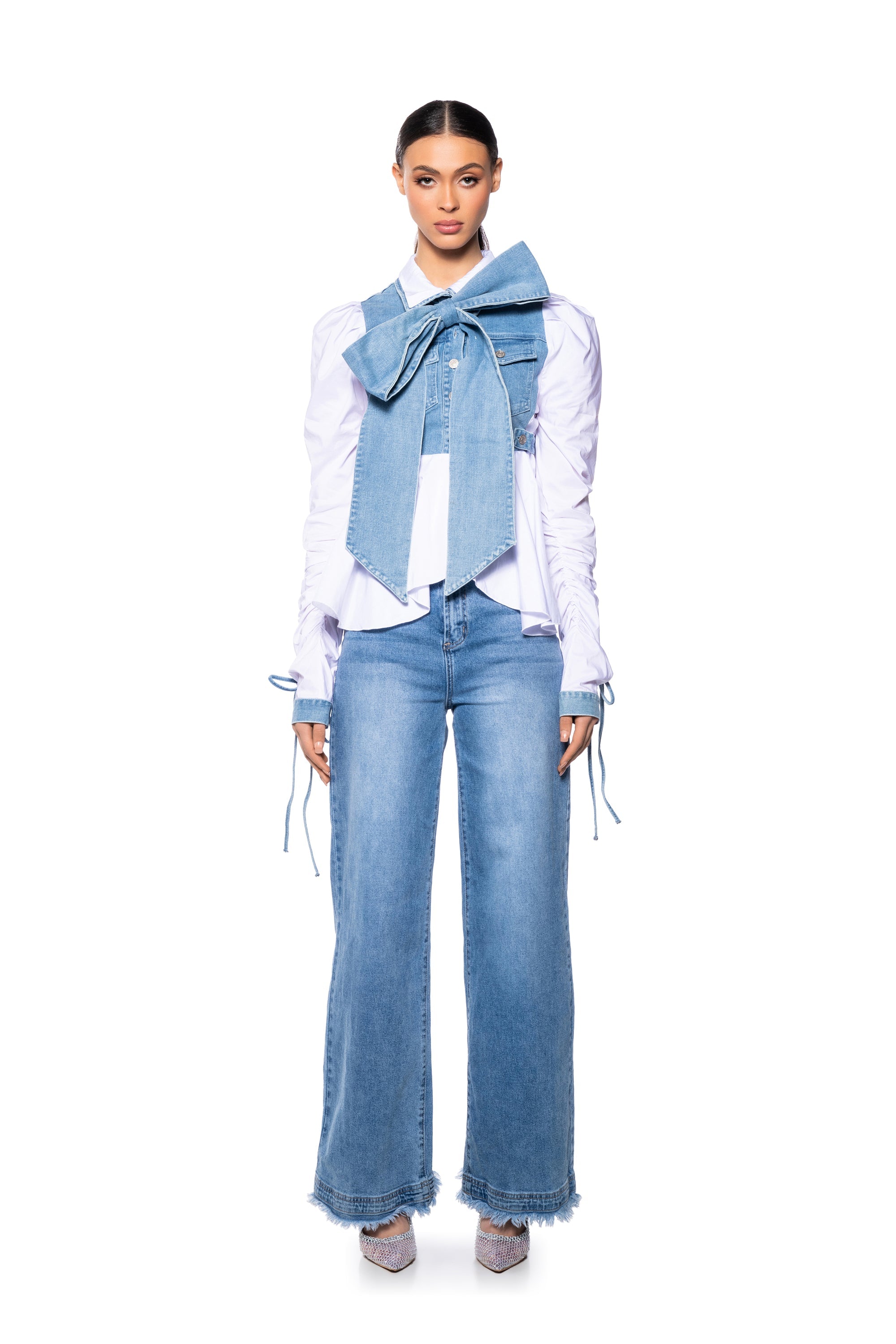 FAITH DENIM TIE POPLIN BLOUSE
