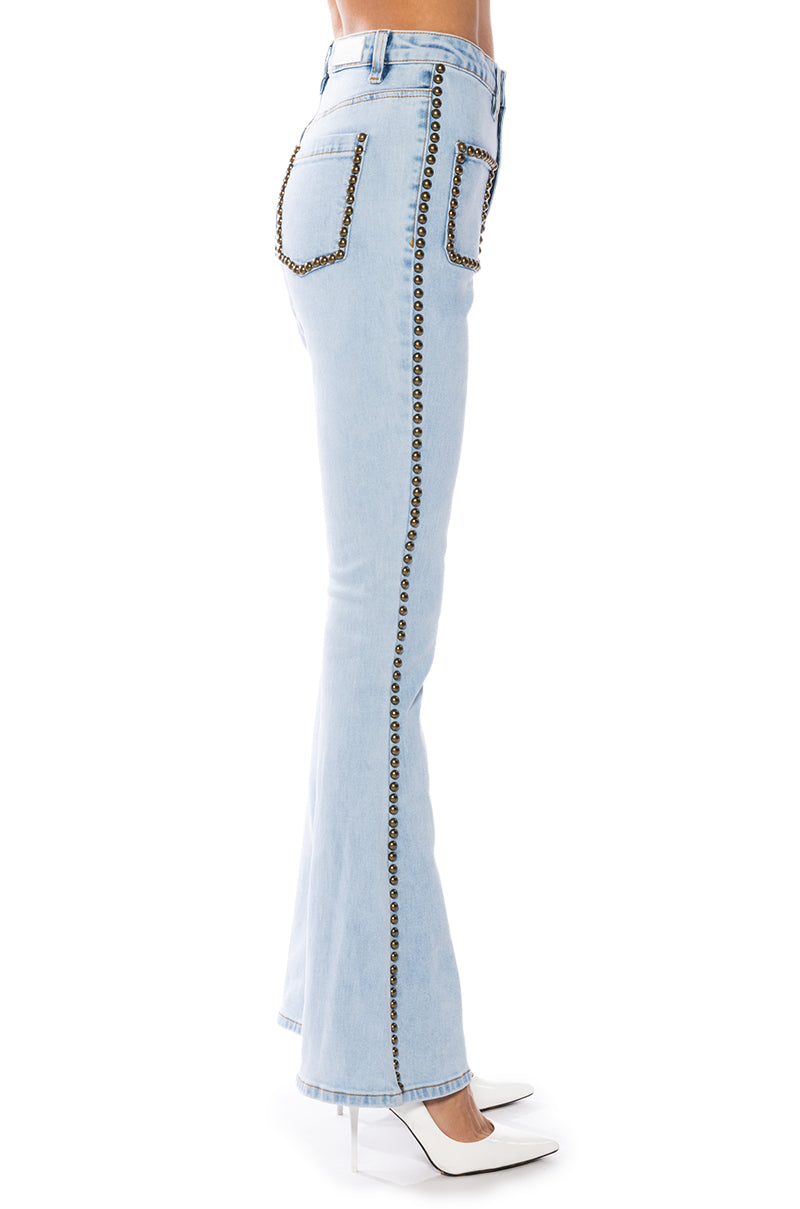 HERE TO STAND OUT EMBELLISHED HIGH RISE FLARE JEANS