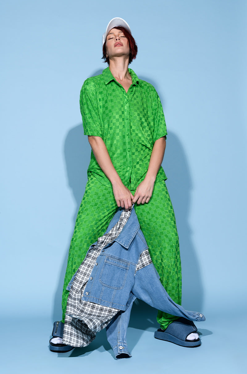 MICHELLE TERRY CHECKER TEXTURED WIDE LEG PANT