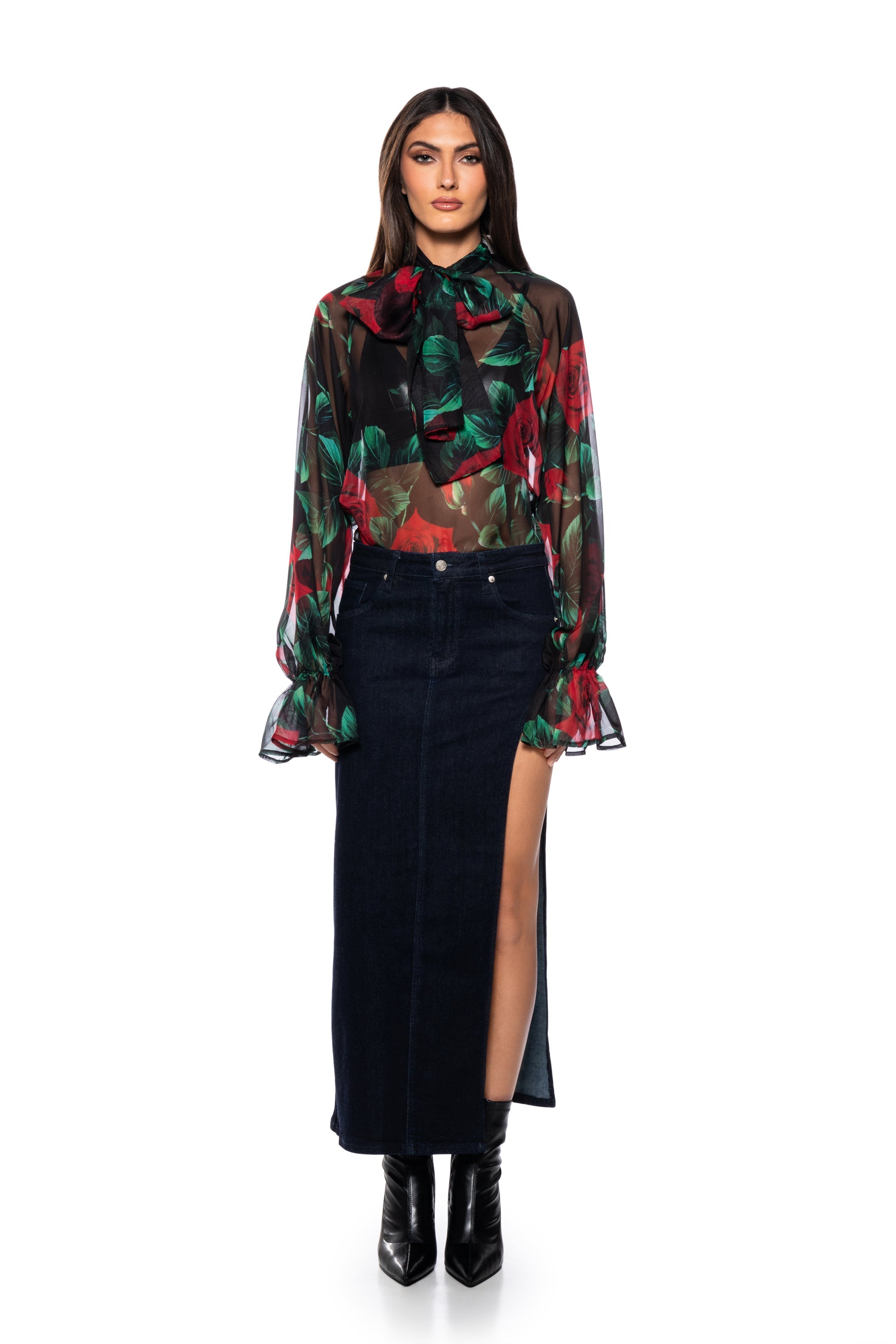 NEVER TOO LATE ROSE PRINT TIE NECK BLOUSE