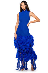 SLEEK AND CHIC FEATHER MAXI DRESS