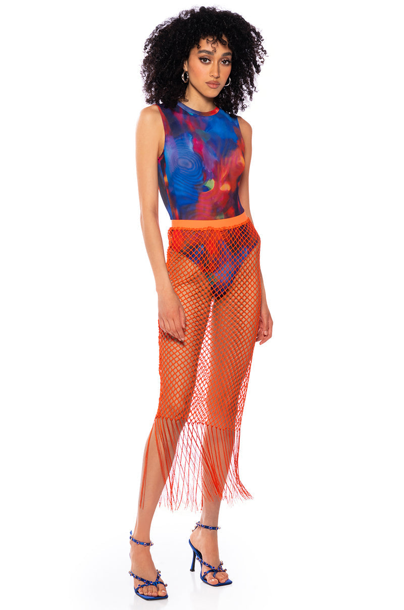 SPIN ME OUT OF CONTROL FRINGE NET MIDI SKIRT