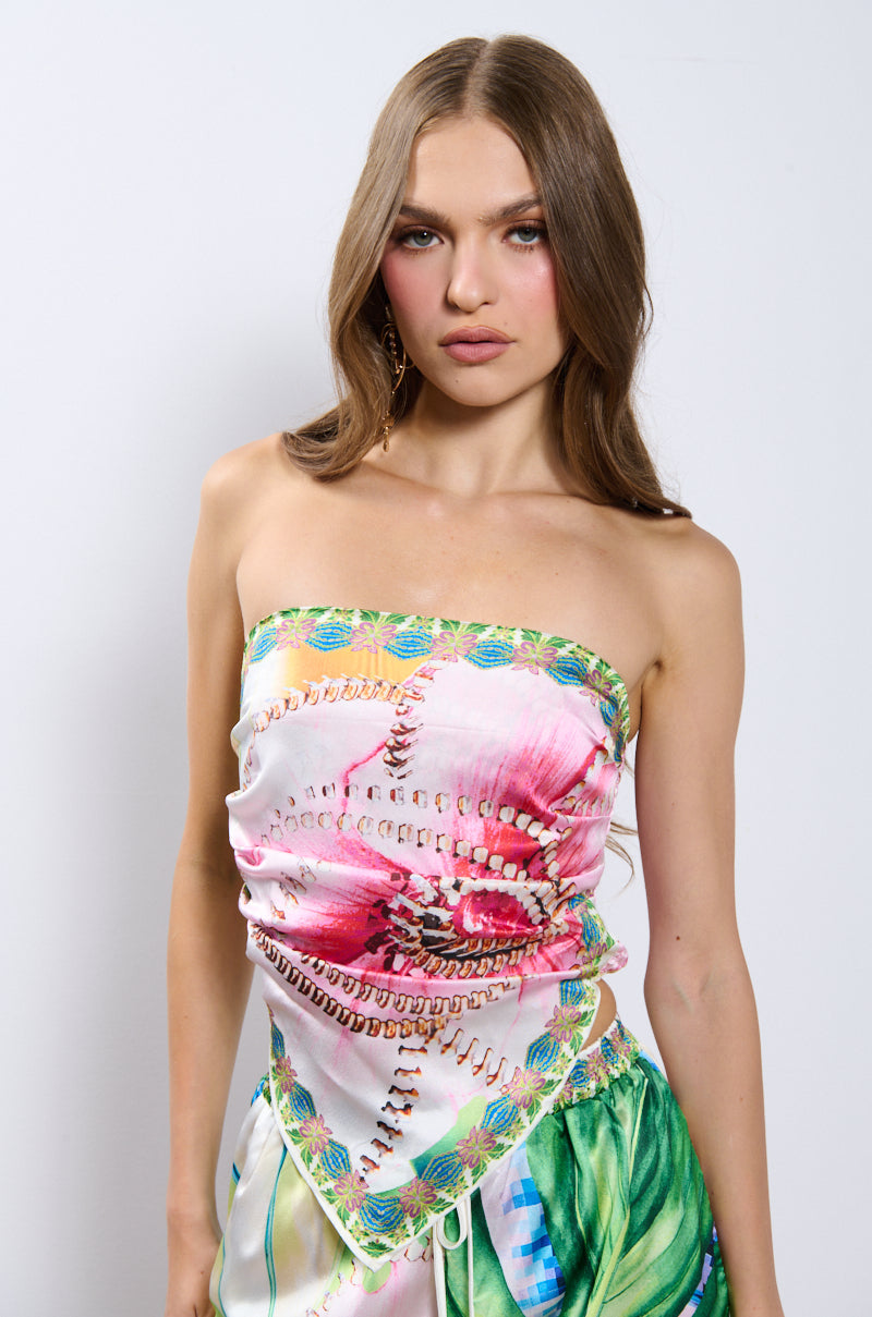 TAKE ME TO THE COAST SATIN STRAPLESS TOP