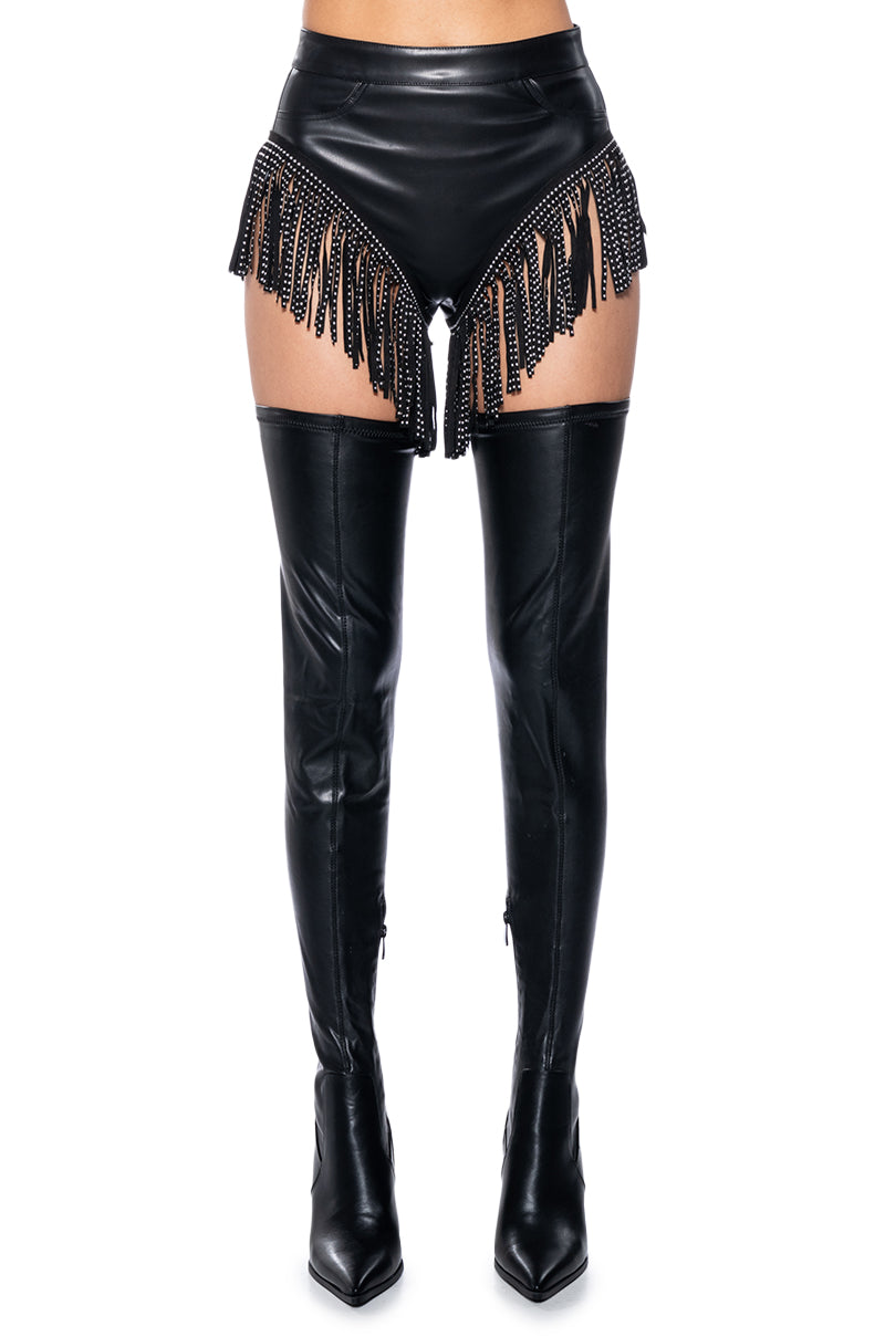 TINASHE FAUX LEATHER FRINGE SHORTS